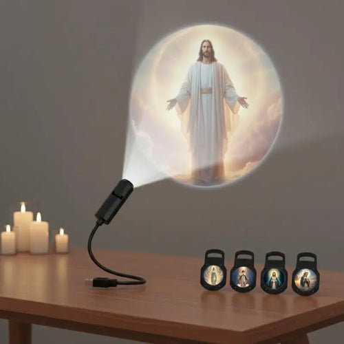 Norrow Faith Light on a side table projecting Jesus (manufacturer image)