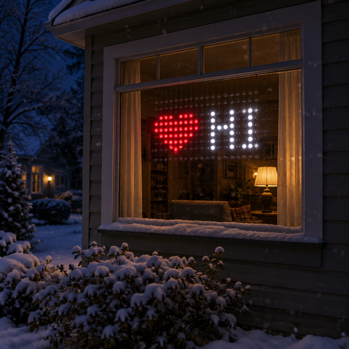 Norrow curtain in a snowy window showing a pixel heart and HI (illustration of the real dotted look)