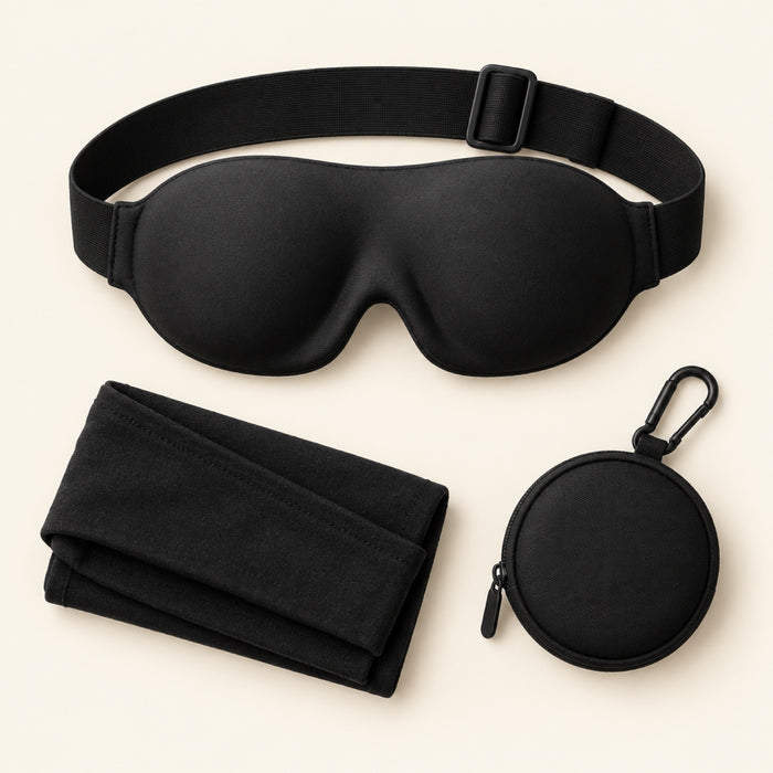 Norrow travel sleep set: contoured eye mask with headrest strap, arm wrap and carry pouch (illustration)