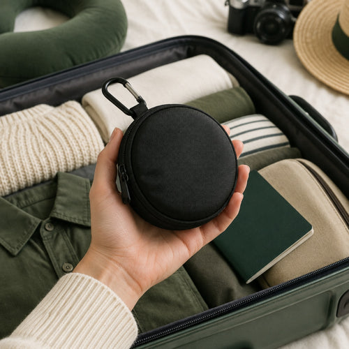 The Norrow sleep set packed in its pouch, ready for a carry-on (illustration)