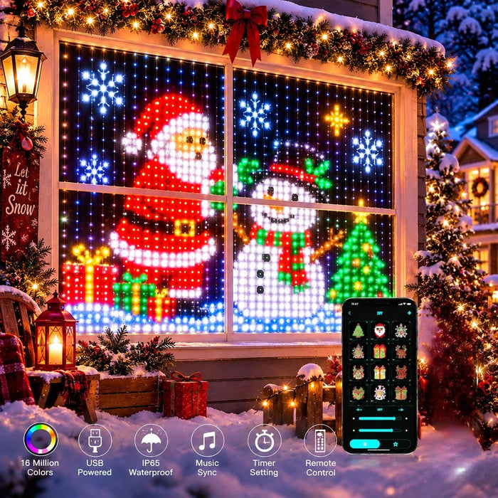 Pixel curtain lights showing Santa and a snowman