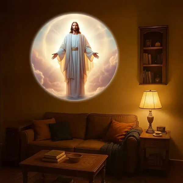 Norrow Faith Light projecting Jesus onto a living room wall (manufacturer image)