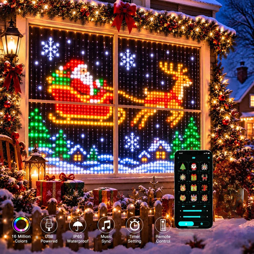 Pixel curtain lights showing Santa's sleigh and reindeer in a window