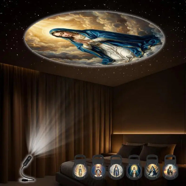 Norrow Faith Light projecting the Virgin Mary onto a bedroom ceiling (manufacturer image)