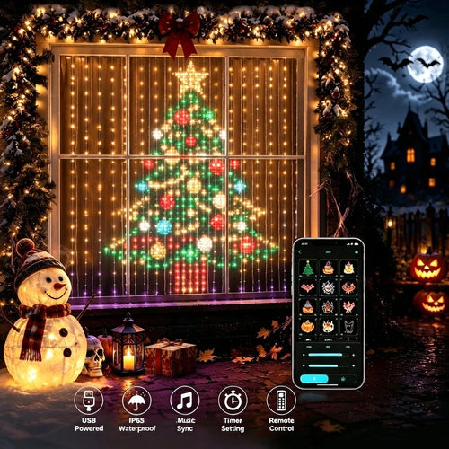 Pixel curtain lights showing a Christmas tree in a window