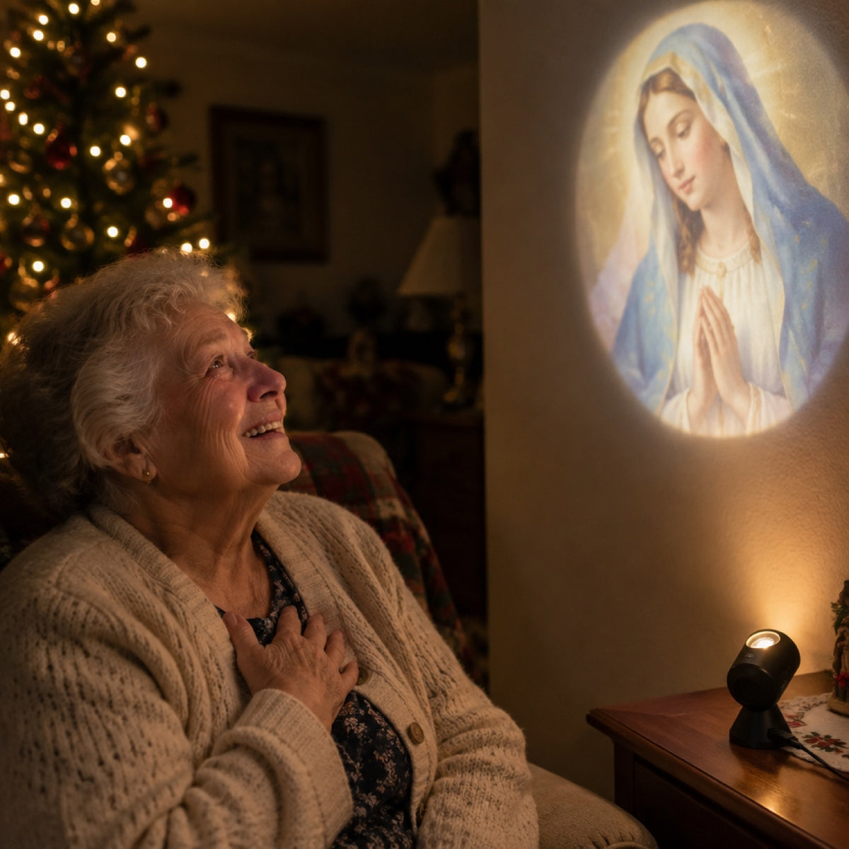 A grandmother moved by a glowing image of the Virgin Mary on her wall from the Norrow Faith Light (illustration)