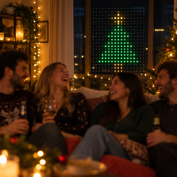 Norrow curtain showing a pixel Christmas tree behind friends at a party (illustration)