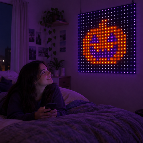 Norrow curtain on a bedroom wall showing a pixel jack-o-lantern (illustration)
