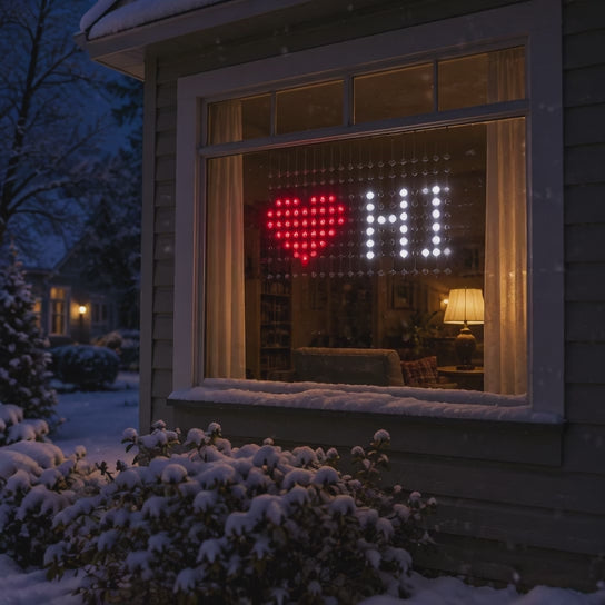 Norrow curtain glowing in a snowy window (illustration)