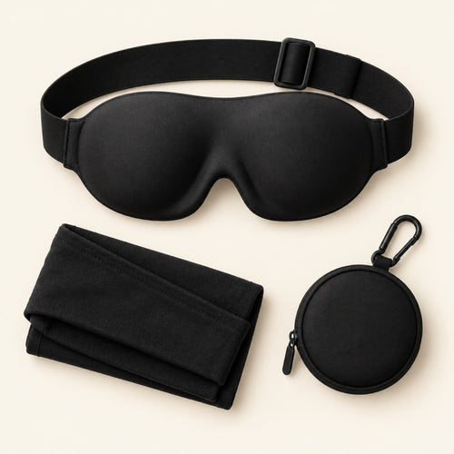 Norrow travel sleep set: contoured eye mask with headrest strap, arm wrap and carry pouch (illustration)