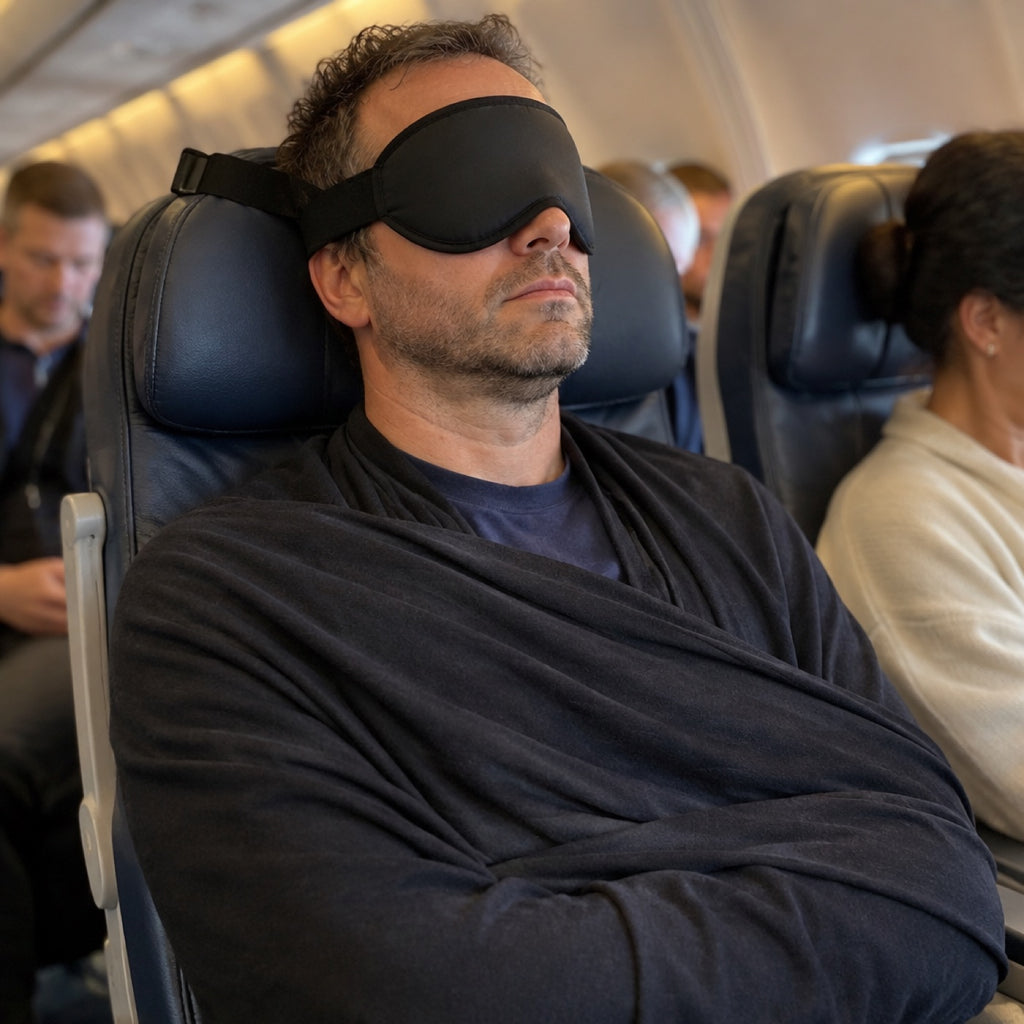 Man asleep in an aisle seat wearing the Norrow sleep set (illustration)